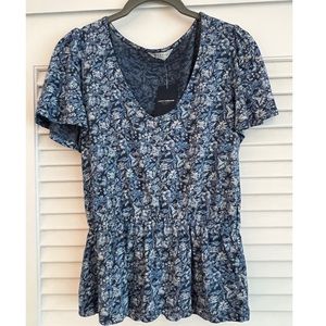 💙 Lucky Brand V-Neck Top Flutter Sleeve Peplum Navy Floral Print Sz Small NWT